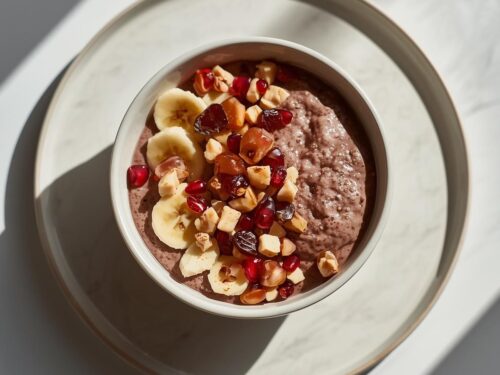 Chiagrøt med sjokolade, banan, dadler og granateple i lys skål