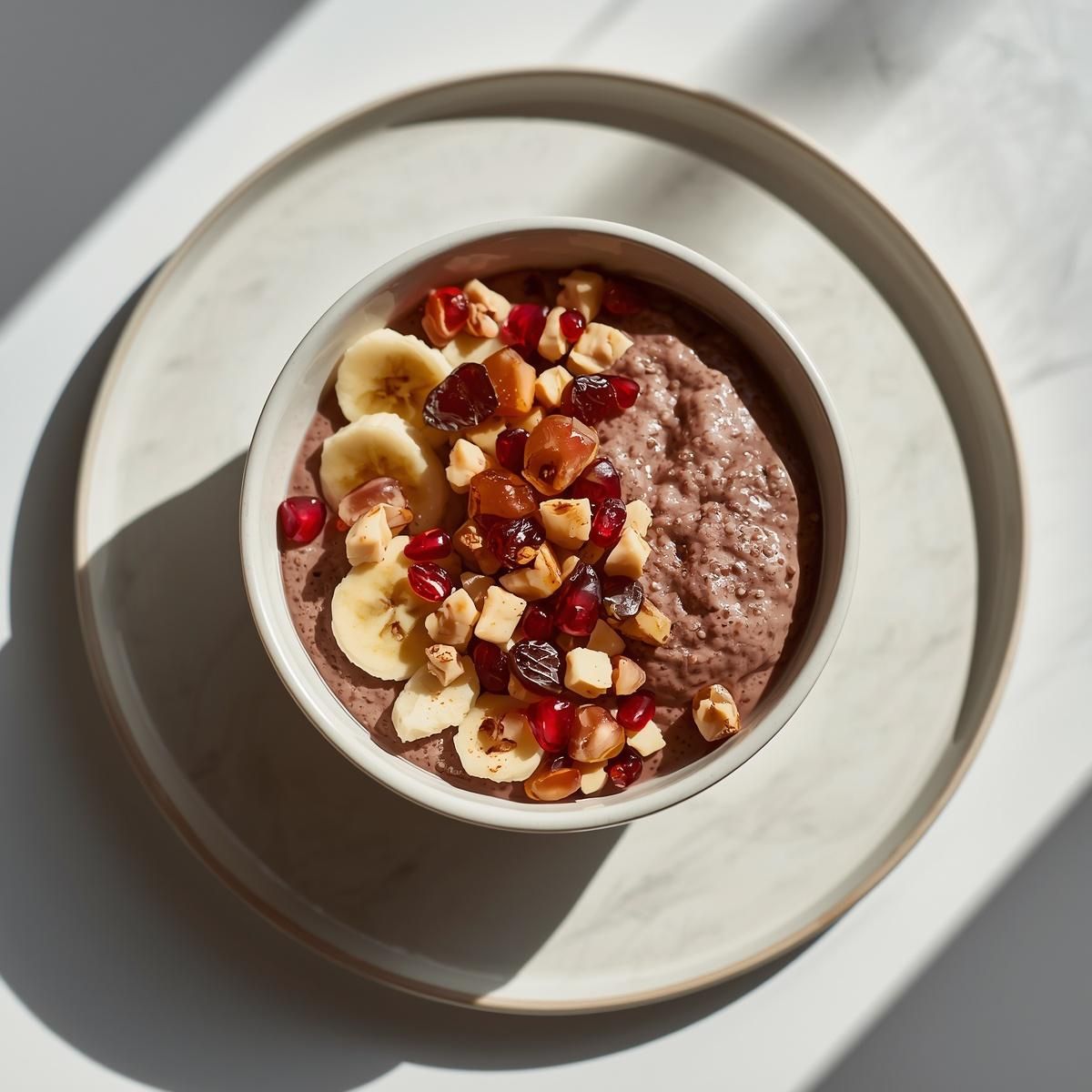 Chiagrøt med sjokolade, banan, dadler og granateple i lys skål