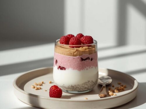 Chiapudding med bær, yoghurt og nøttesmør lagvis i glass