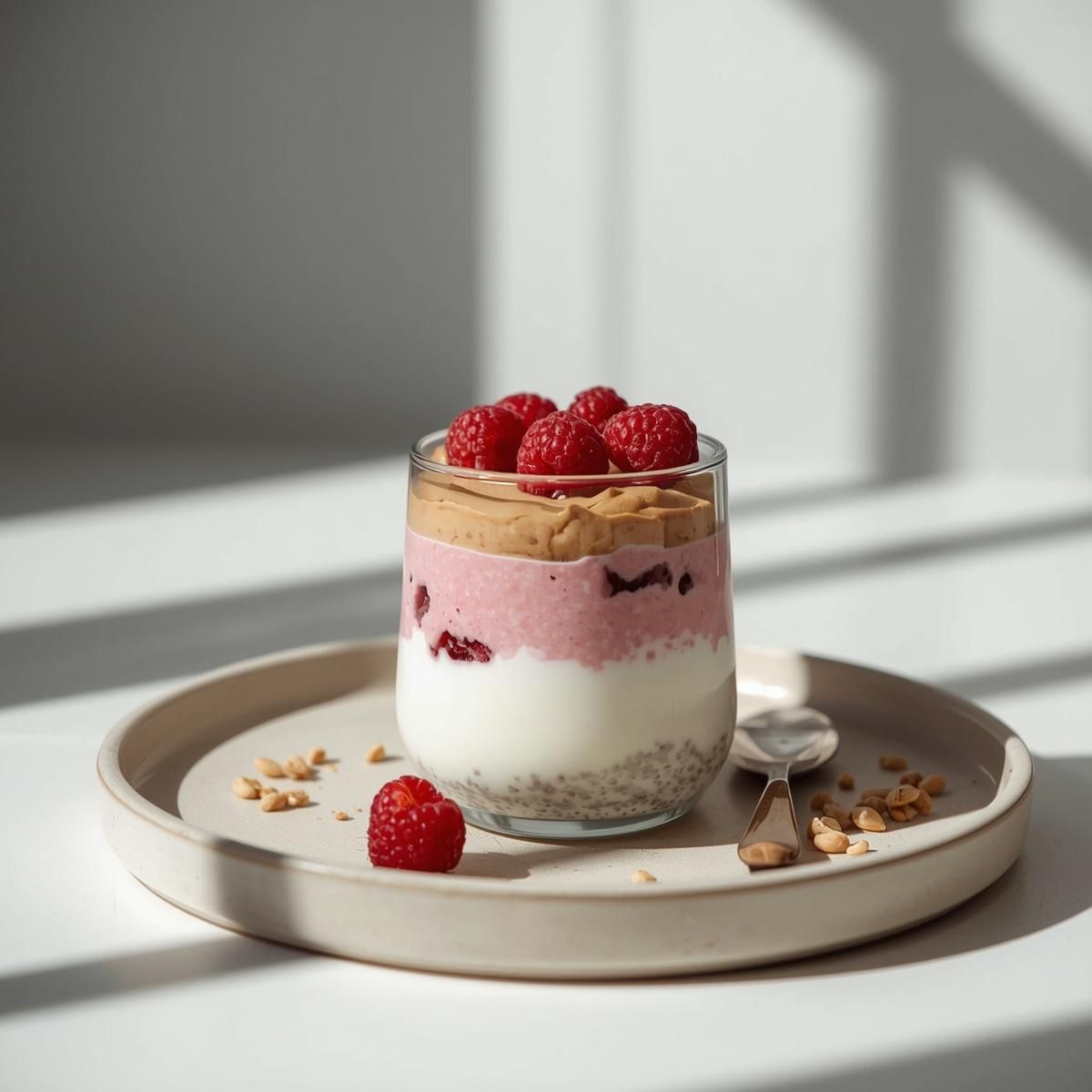 Chiapudding med bær, yoghurt og nøttesmør lagvis i glass