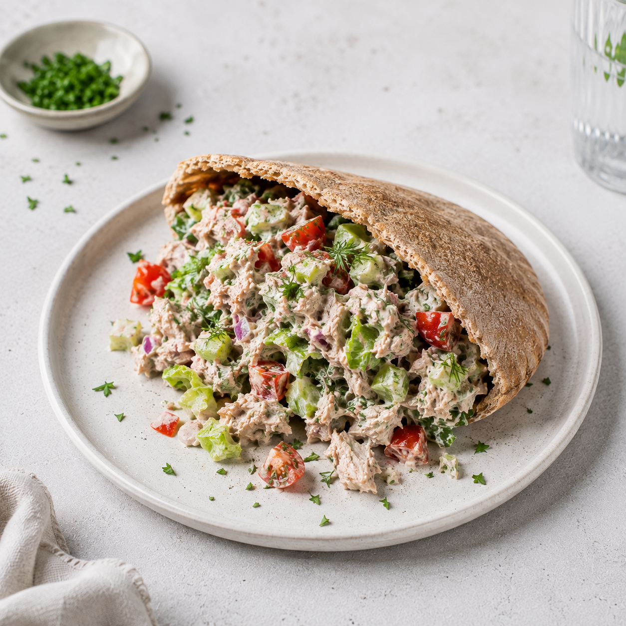 pitabrød påd tunfisksalat på hvit tallerken