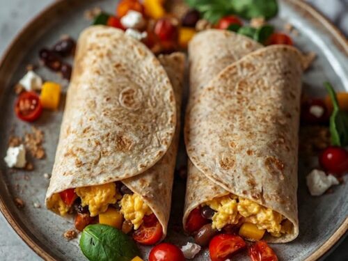 Frokostburrito med egg, sorte bønner og feta på grå tallerken