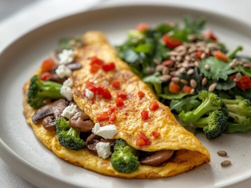 Omelett med sopp, feta, brokkoli og paprika, på nøytral tallerken