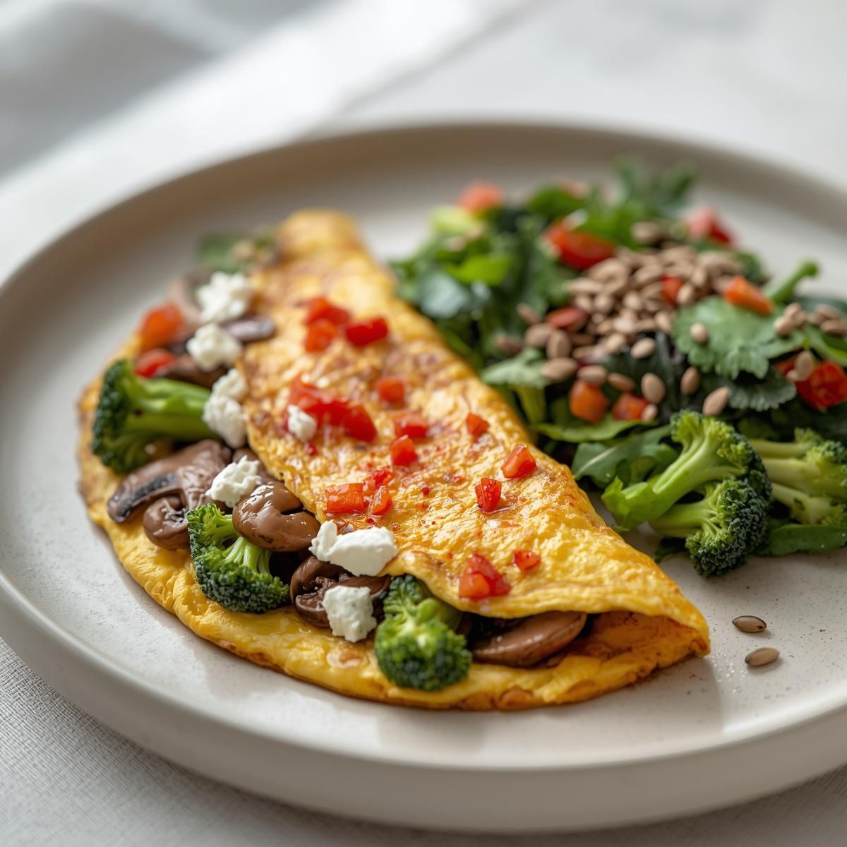 Omelett med sopp, feta, brokkoli og paprika, på nøytral tallerken