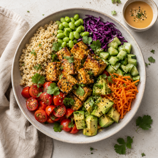 Proteinrik pokebowl med tofu og kremet peanøttdressing