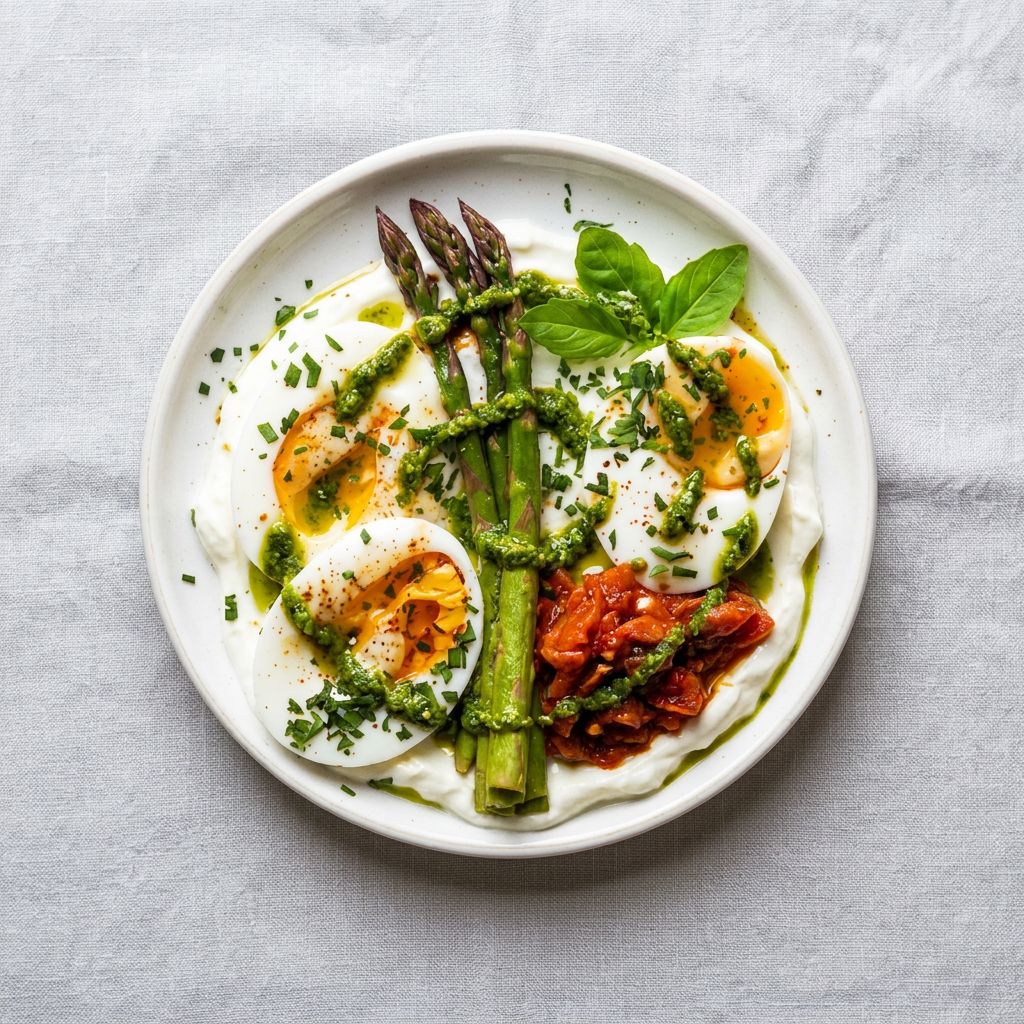 proteinrik frokost servert på hvit tallerken med kokt egg, yoghurt, asparges og pesto