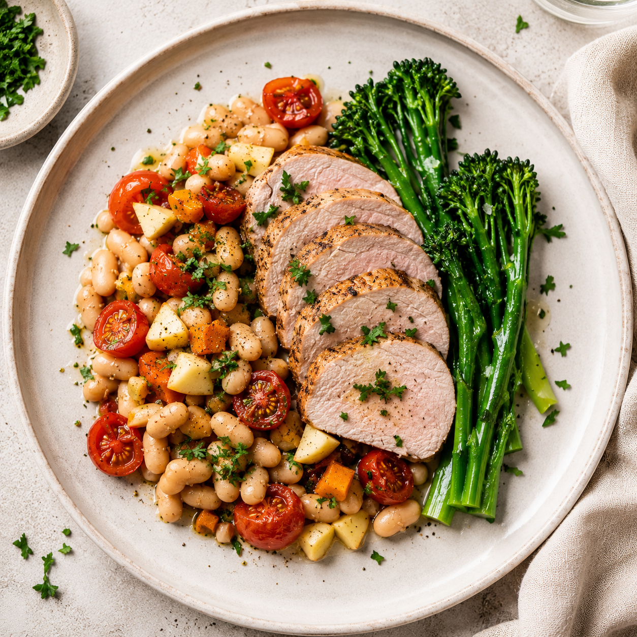 proteinrik svinefilet med tomatbønner og brokkoli på hvit tallerken