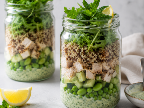 Grønn kyllingsalat i to glass med ruccola, kylling, quinoa, grønnsaker, green goddess dressing