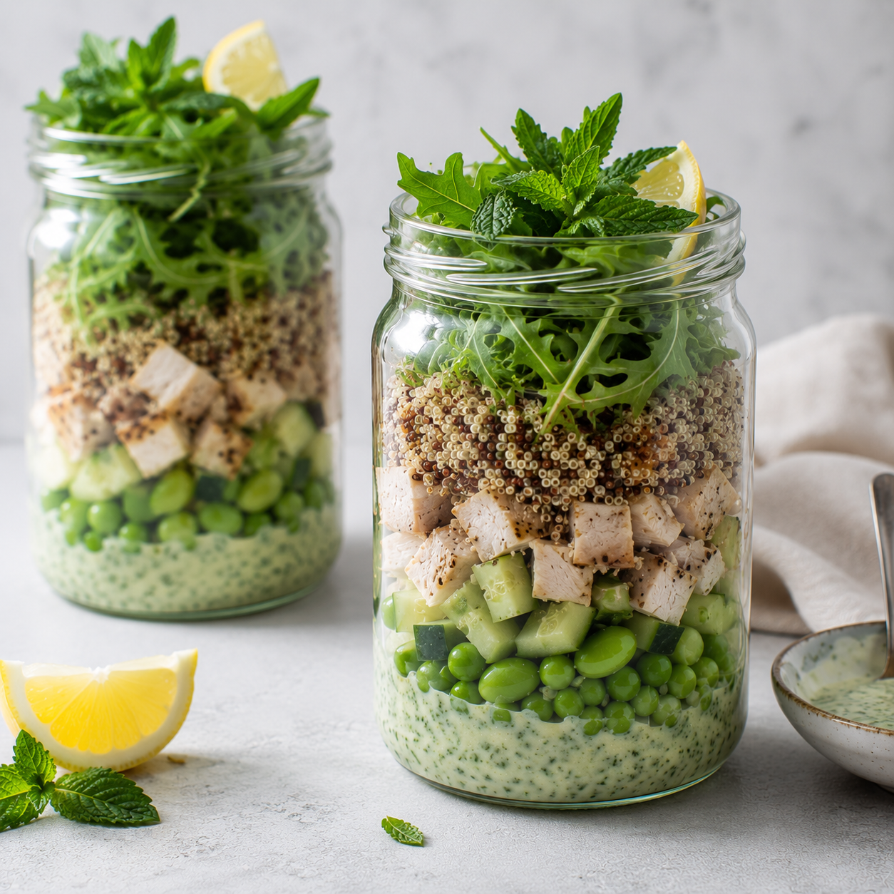Grønn kyllingsalat i to glass med ruccola, kylling, quinoa, grønnsaker, green goddess dressing