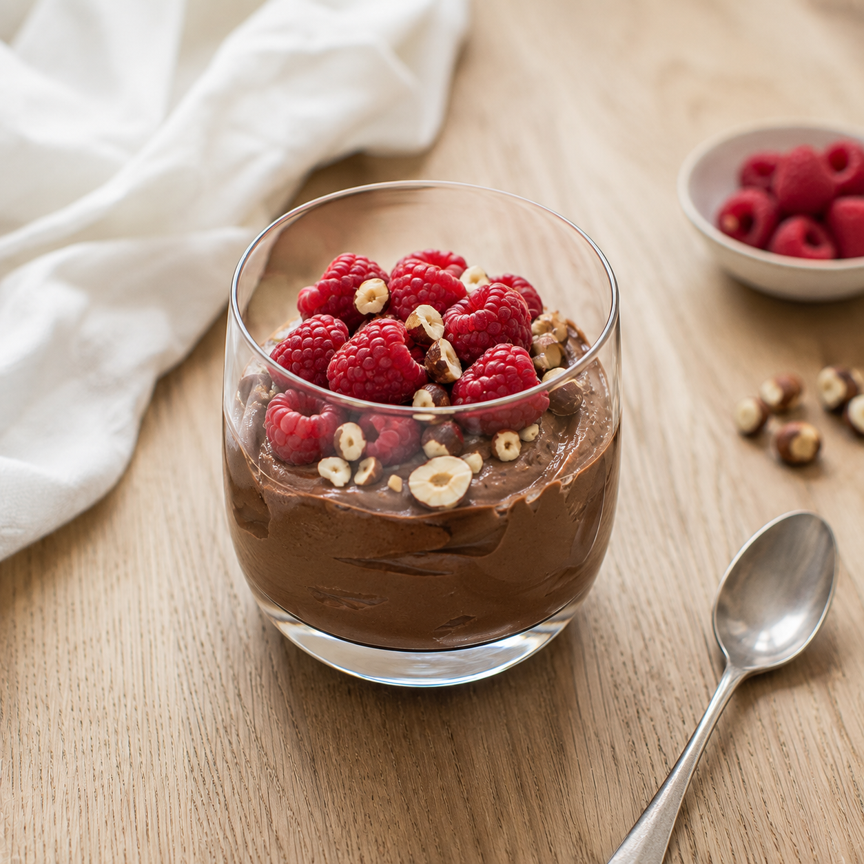 sjokoladepudding med tofu toppet med bringebær og hasselnøtter i glass, på trebord