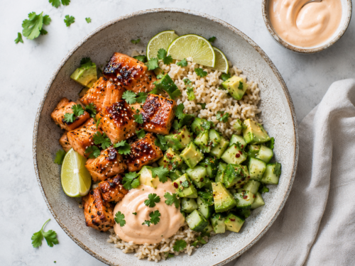 laks, avokado, agurk, fullkornsris og saus i en skål