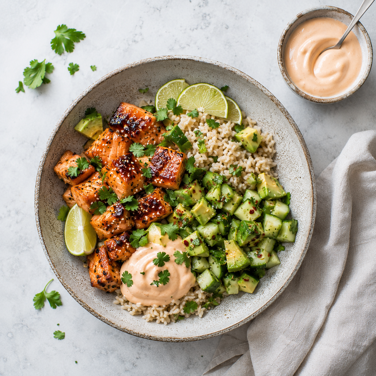 laks, avokado, agurk, fullkornsris og saus i en skål