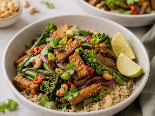 stir-fry med tempeh i en hvit bolle